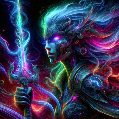 The primary subject of the image is a woman with long hair, holding a sword. She is wearing a colorful outfit and has a unique, artistic appearance. The setting is a colorful, digital art background that complements the woman's vibrant attire. The visual style is digital art, which adds to the overall atmosphere of the image. The colors and mood are lively and energetic, with the woman's outfit and the background creating a sense of fantasy and creativity.